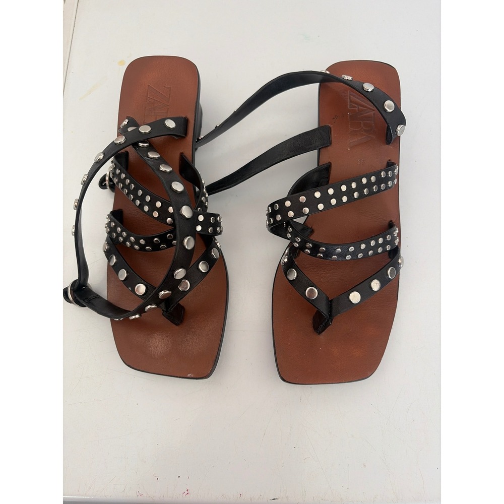 Zara Black Studded Strappy Low Block Heel Sandals Square Toe Gladiator Size 36